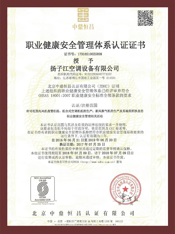 扬子江-职业健康安全管理体系证书